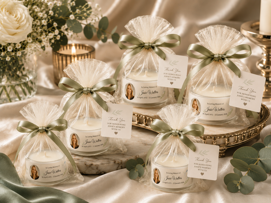 Personalised memorial candle favours sage green style styled with white roses and eucalyptus