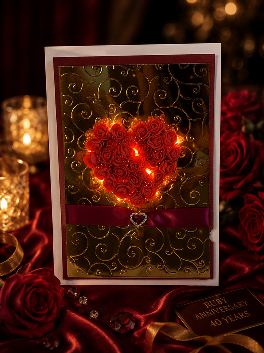 Happy Ruby Anniversary card with LED lights - rose heart glowing, styled with red roses and candles