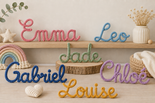 Personalised handmade rope name signs in pink, blue, sage green, mustard and lilac cursive script