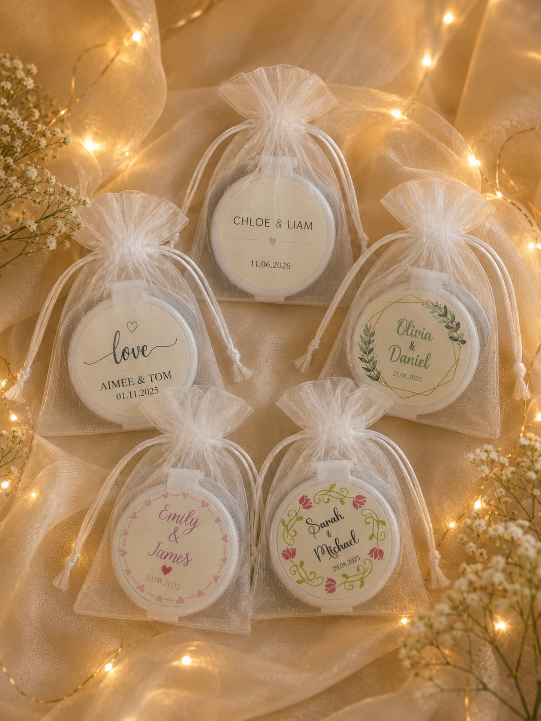 Personalised wedding compact mirror favour styled for wedding guests