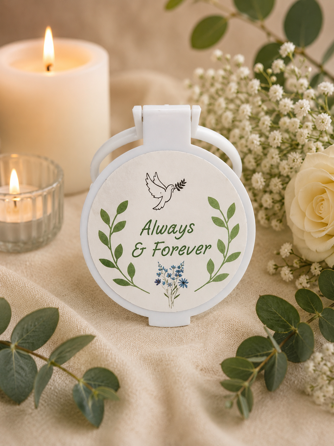 Personalised Always & Forever memorial compact mirror with dove, foliage and floral details