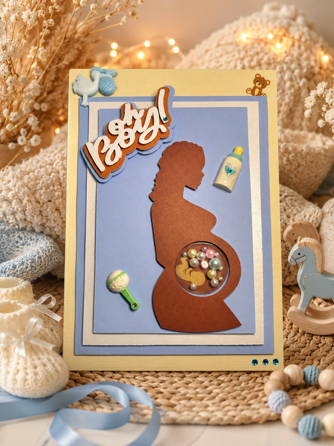 Handmade personalised baby shower keepsake card with shaker window