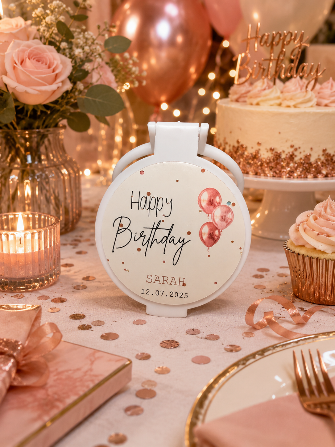 Personalised white compact mirror favour featuring a Happy Birthday design with pink balloons, personalised name and date, displayed on an elegant pink and rose-gold birthday table.