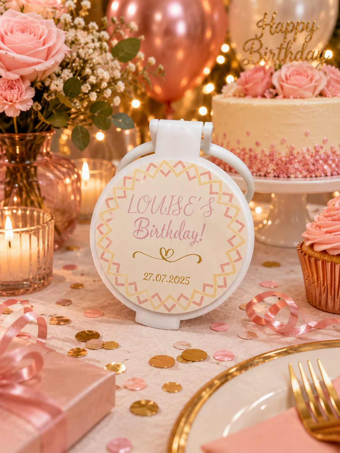 Personalised white compact mirror favour featuring a pink and gold birthday design with a heart detail, personalised name and date, displayed on an elegant pink birthday celebration table.