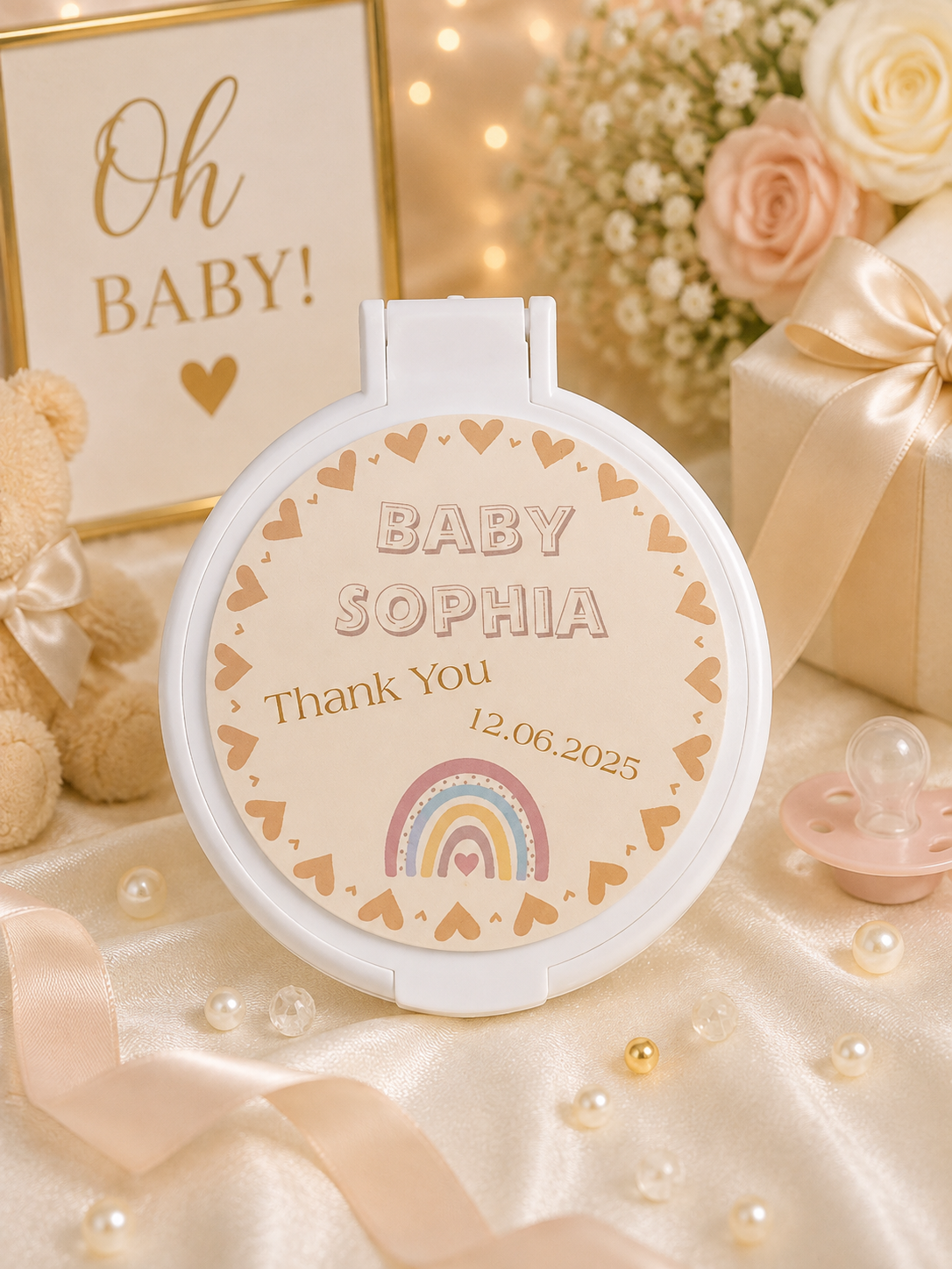     Personalised Boho Neutral Heart compact mirror baby shower favour featuring soft neutral tones, delicate heart details, a rainbow and a custom name and date.