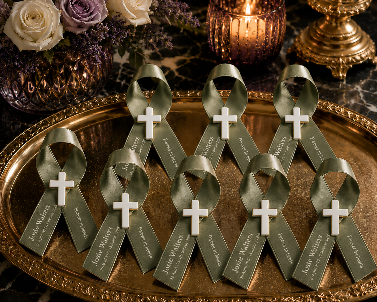 Personalised memorial ribbon favour for funeral and remembrance