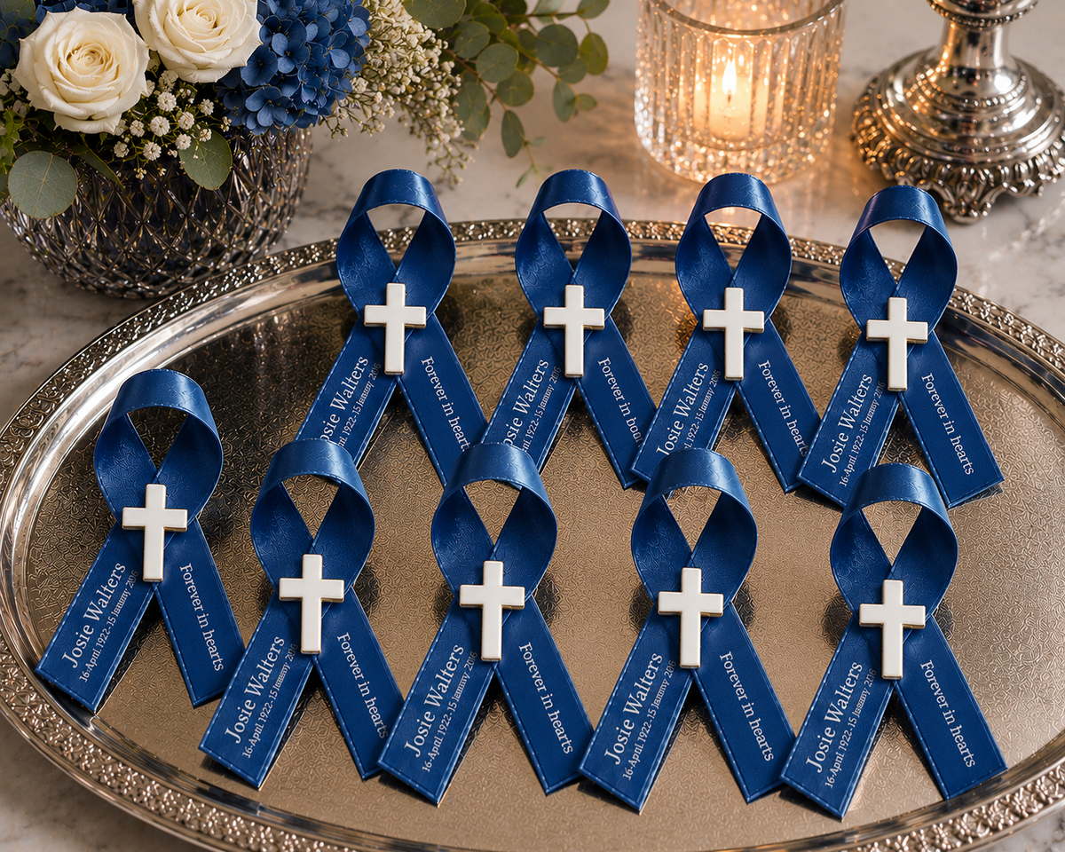 Personalised memorial ribbon favour displayed for a celebration of life