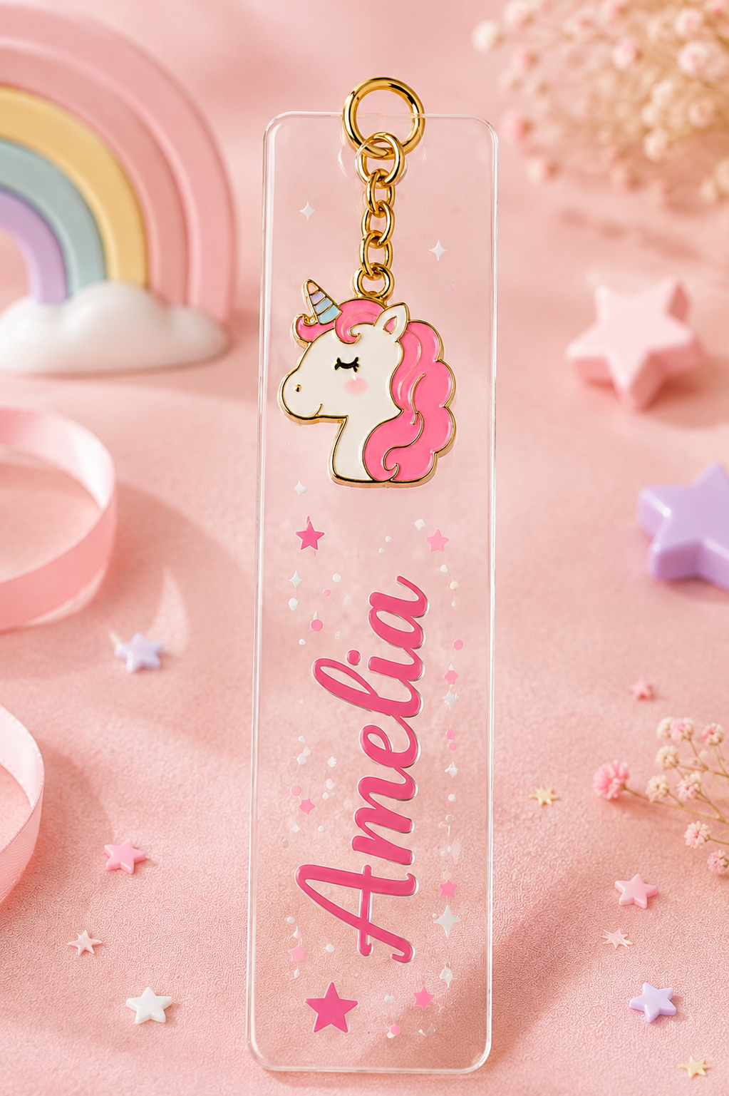 Personalised acrylic bookmark keyring party favour with unicorn design