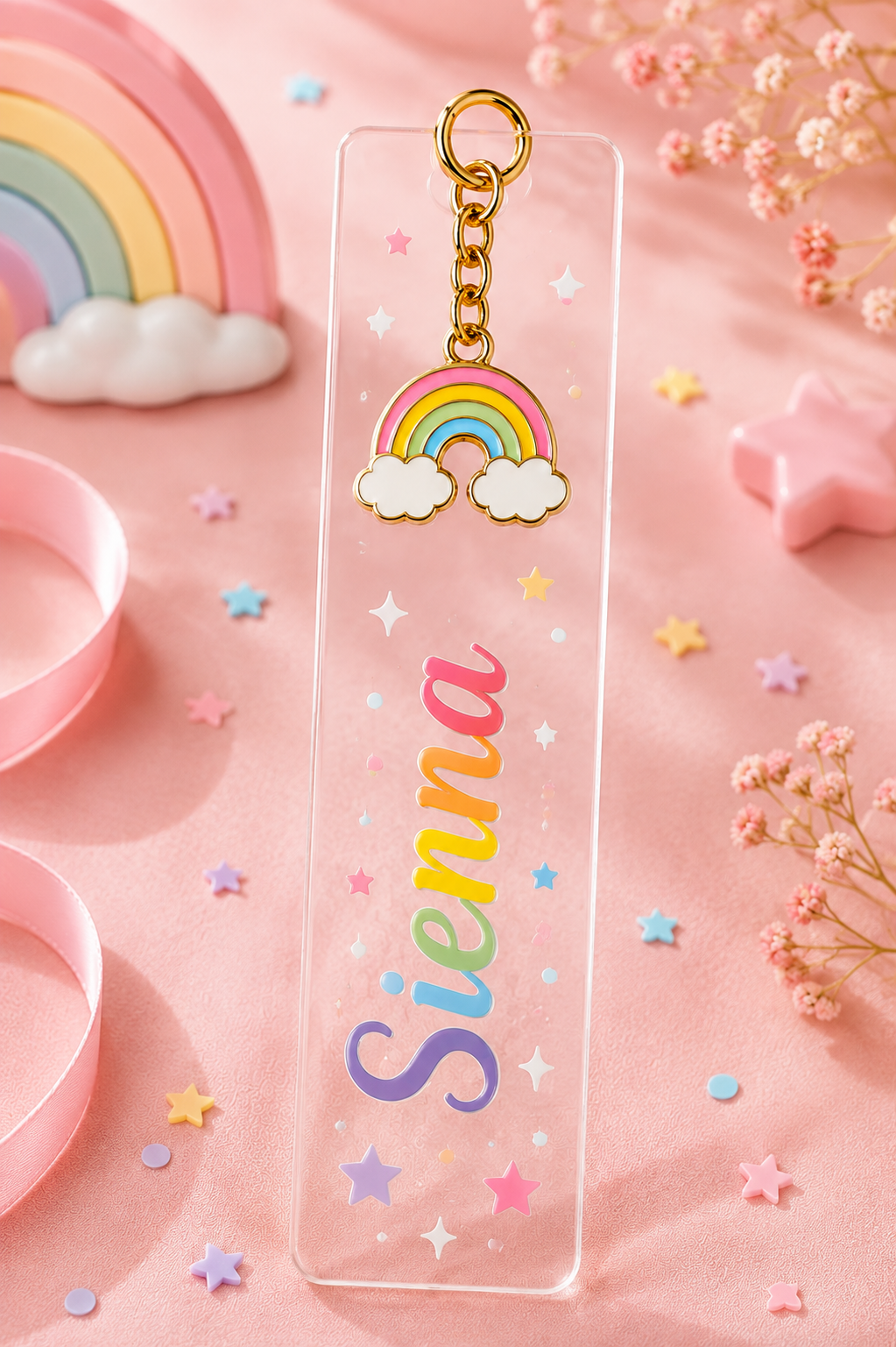 Personalised acrylic bookmark keyring party favour with colourful design
