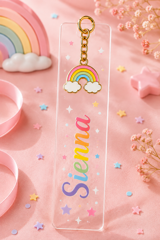 Personalised acrylic bookmark keyring party favour with colourful design