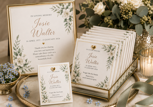 Personalised memorial seed packet favour with sage green botanical border and gold script