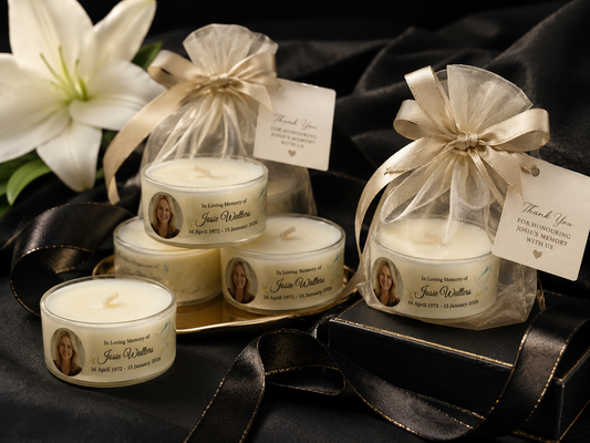 Personalised memorial candle favours in black and gold organza bags with photo labels