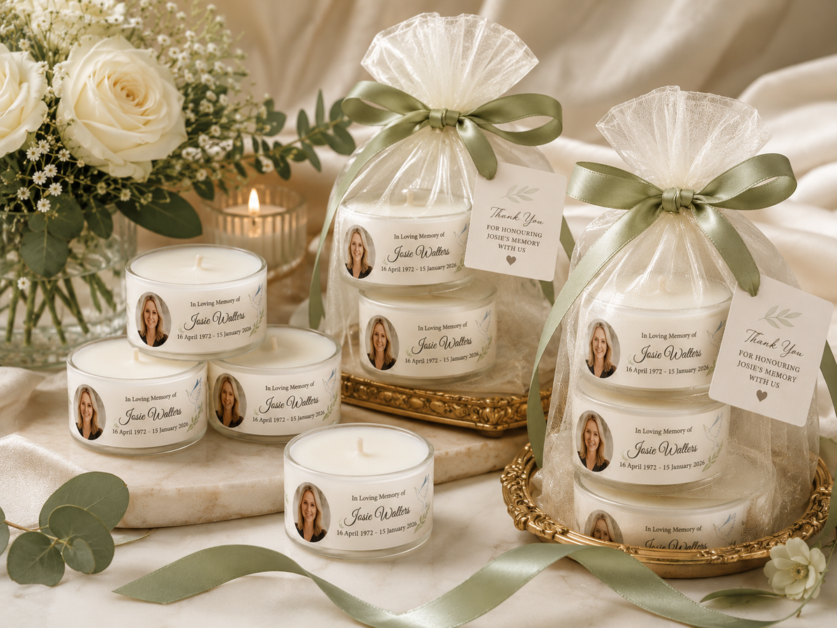 Personalised memorial candle favours in sage green and ivory organza bags with photo labels