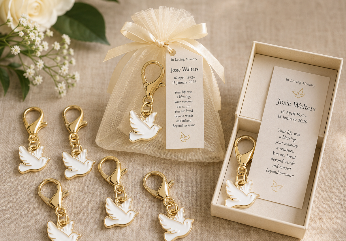 Personalised memorial dove keyring in sage green organza bag with memorial card