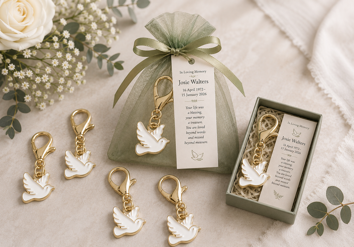 Personalised memorial dove keyring in lilac organza bag with memorial card