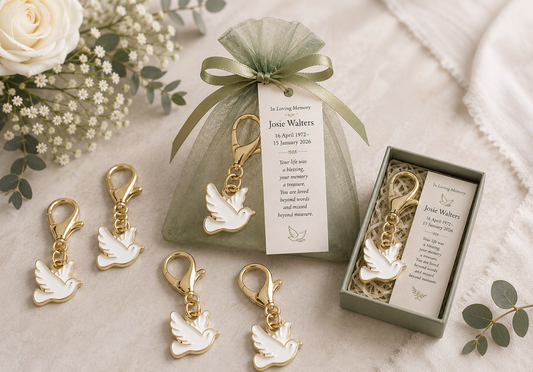 Personalised memorial dove keyring in lilac organza bag with memorial card