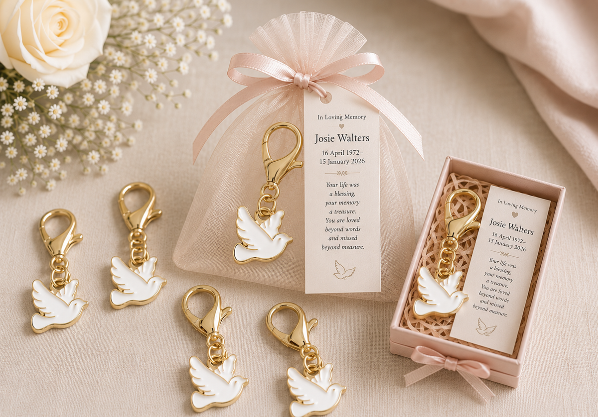 Personalised memorial dove keyring in blush pink organza bag with memorial card