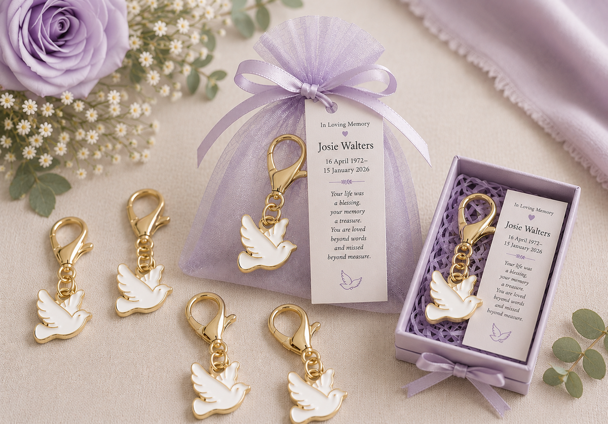 Personalised memorial dove keyring in ivory organza bag with memorial card
