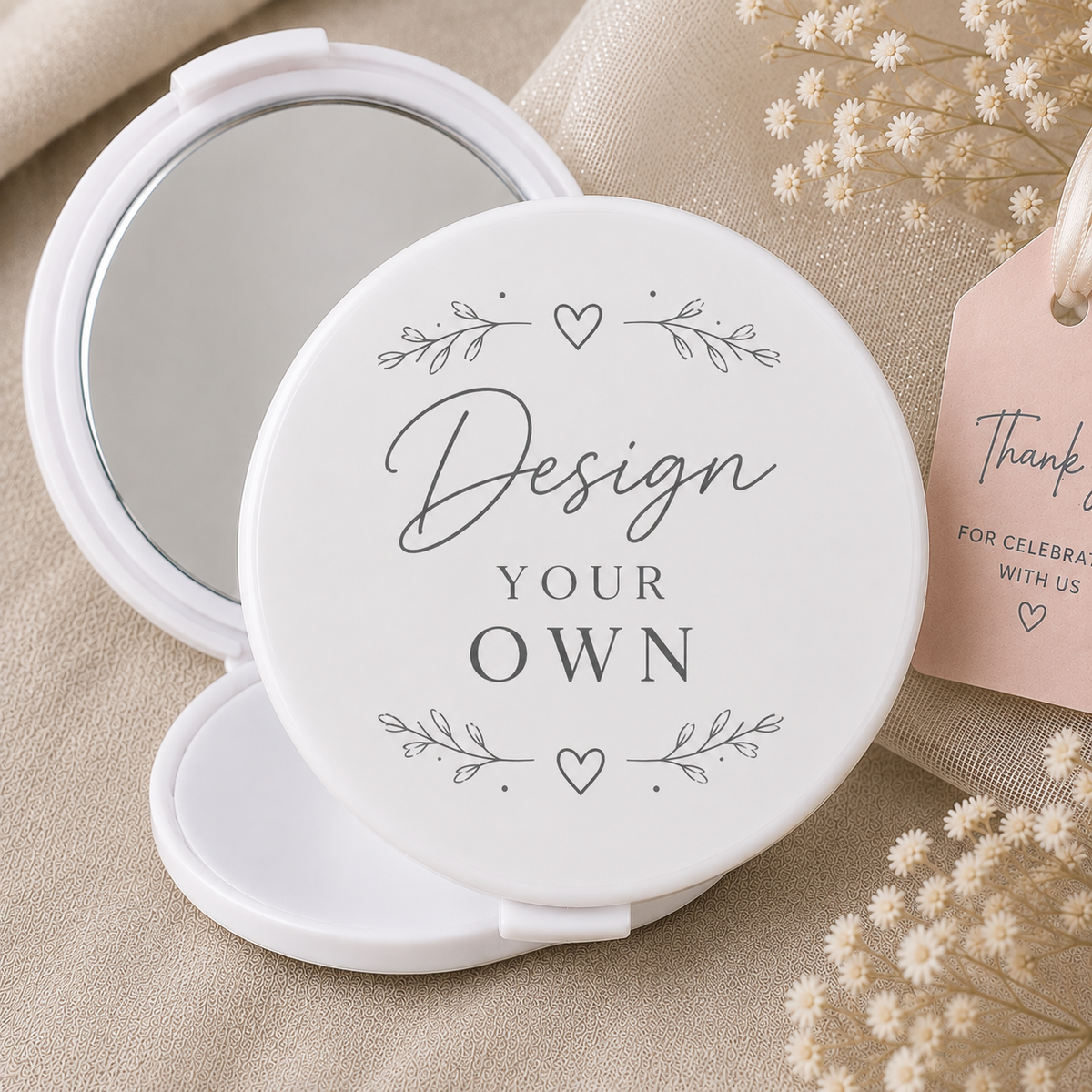 Design your own personalised memorial compact mirror favour with your own artwork, name, date and message