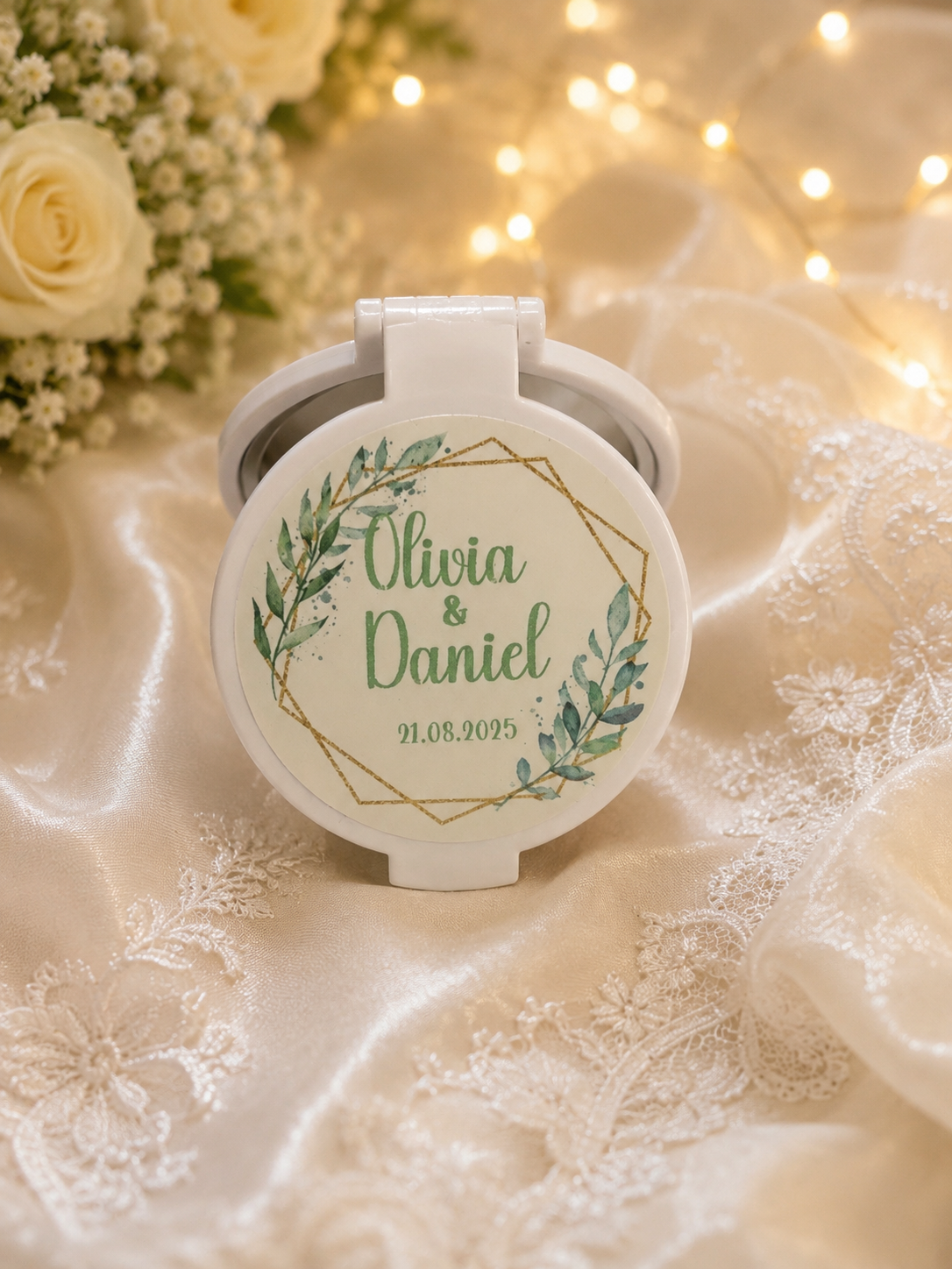 Personalised wedding compact mirror favour with eucalyptus botanical design and gold geometric detail, featuring Olivia & Daniel