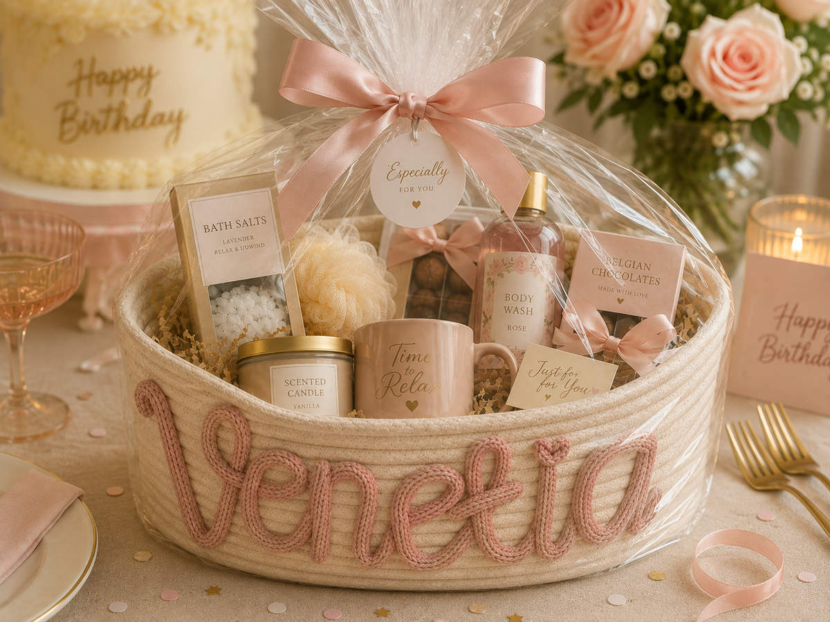 A personalized birthday gift basket wrapped in clear cellophane and tied with a pink ribbon, filled with spa and self-care items including bath salts, a candle, a mug, and a bottle. The basket is decorated with pink rope lettering spelling 'Venetia' and sits on a styled table with flowers, candles, and a cake in the background.