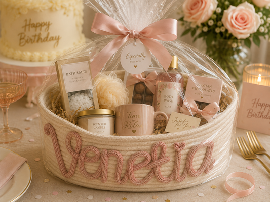 A personalized birthday gift basket wrapped in clear cellophane and tied with a pink ribbon, filled with spa and self-care items including bath salts, a candle, a mug, and a bottle. The basket is decorated with pink rope lettering spelling 'Venetia' and sits on a styled table with flowers, candles, and a cake in the background.