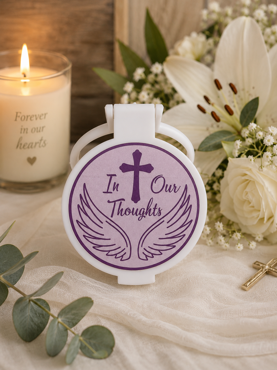 Personalised In Our Thoughts memorial compact mirror with lavender floral remembrance design