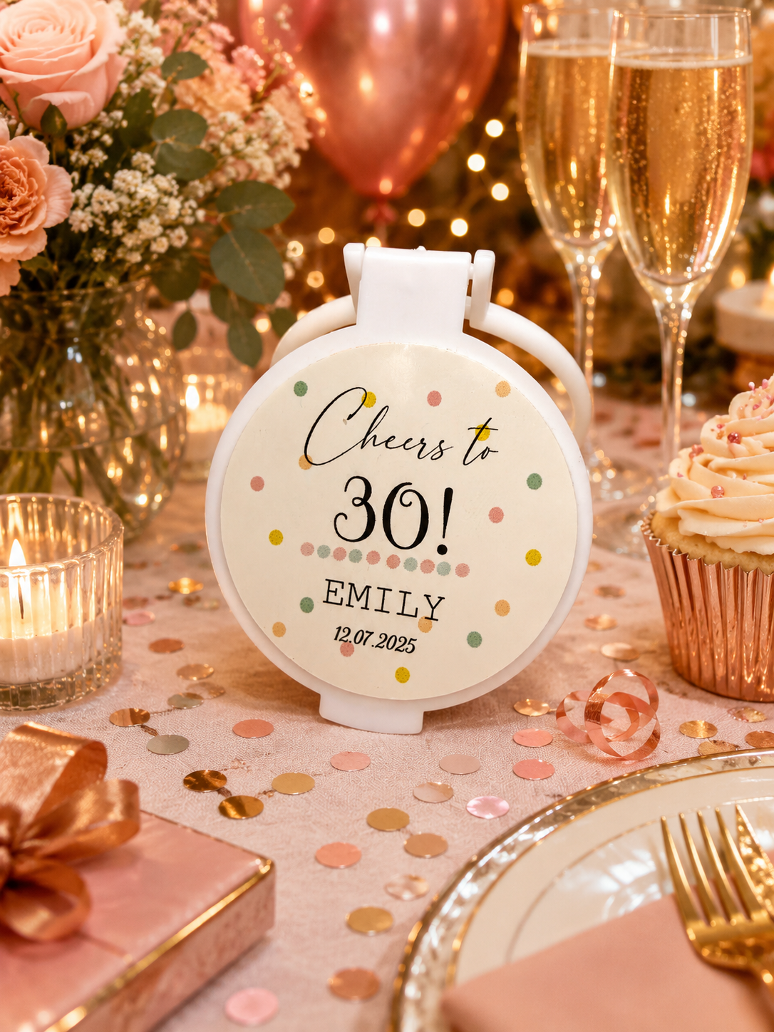 Personalised white compact mirror favour featuring a colourful Let’s Celebrate design with multicoloured confetti sprinkles, personalised party name and date, displayed on a festive celebration table.