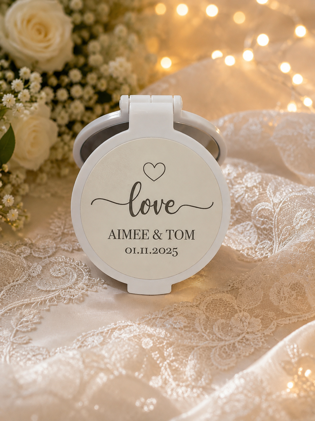 Personalised wedding compact mirror favour with romantic love script design