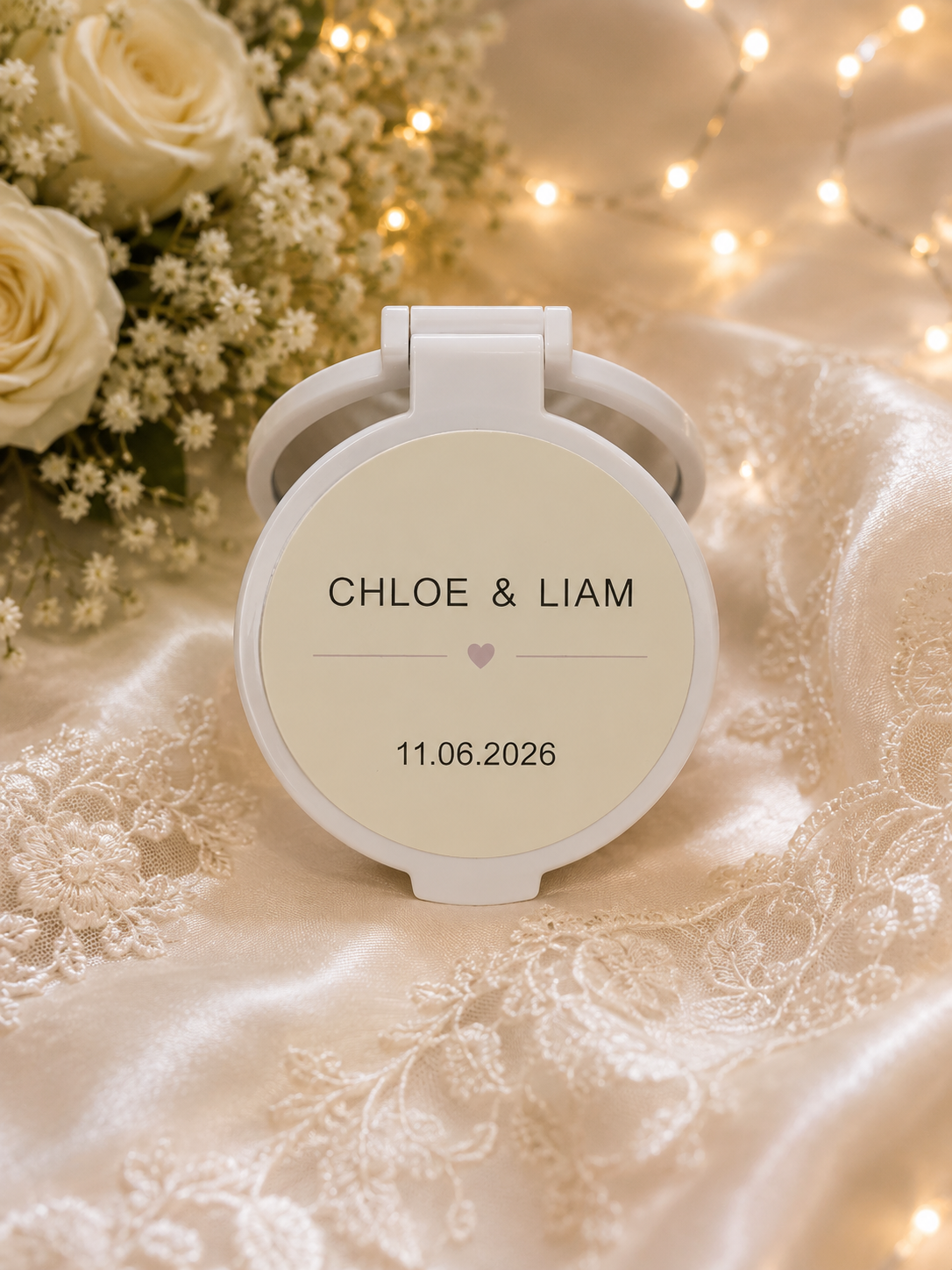Personalised wedding compact mirror favour with modern minimalist design, featuring Chloe & Liam and wedding date
