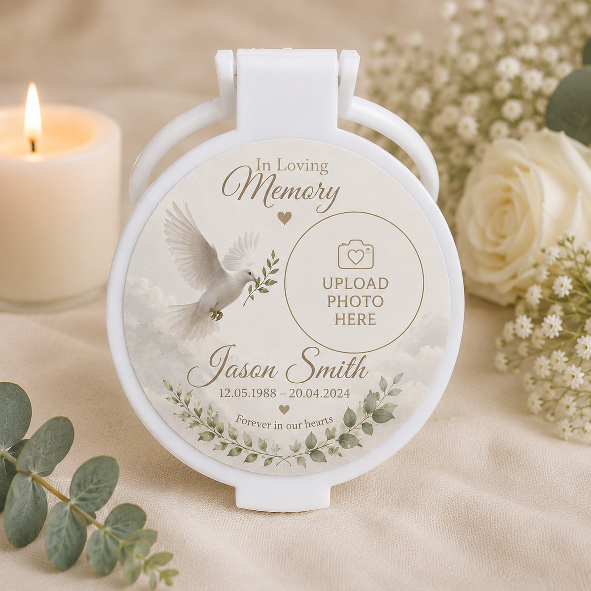 Personalised photo memorial compact mirror featuring a loved one’s photograph, name, dates and remembrance message