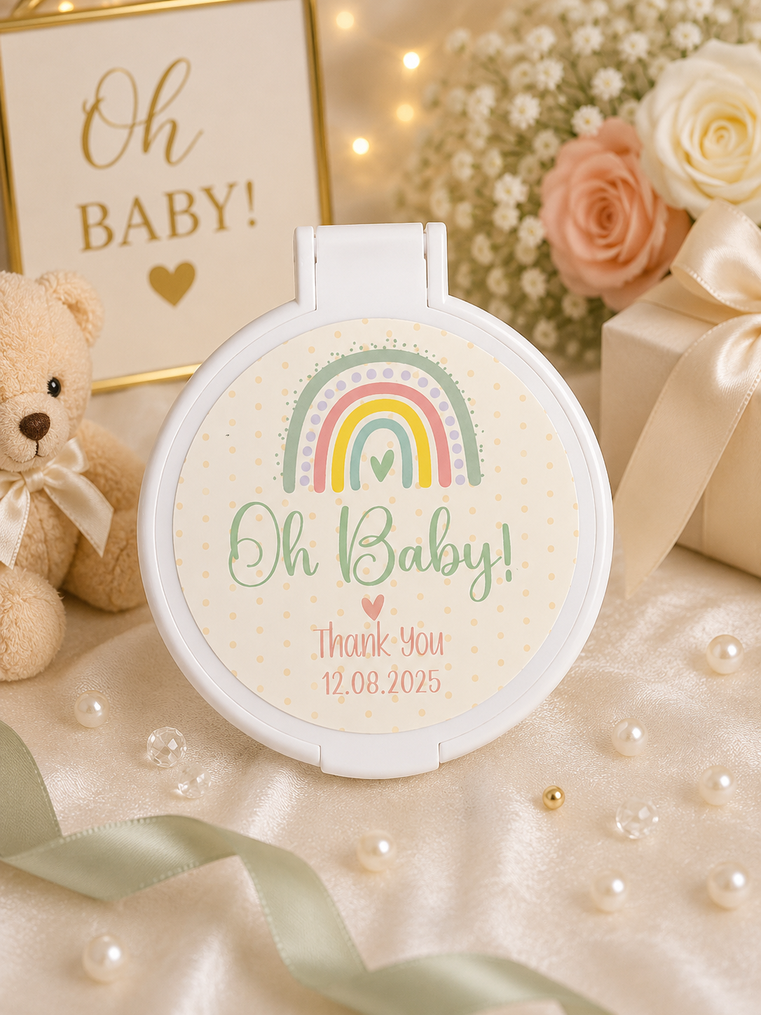 Personalised Sage Green Rainbow compact mirror baby shower favour featuring a soft sage green rainbow and neutral baby shower design.