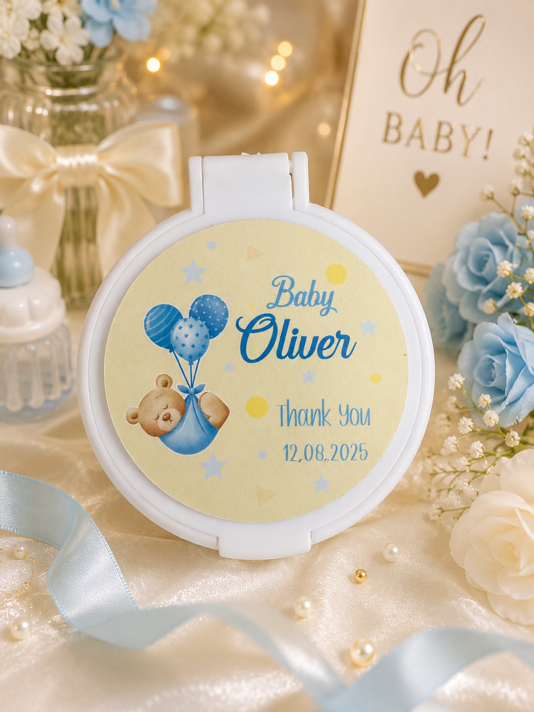     Personalised Teddy Dreams compact mirror baby shower favour featuring a cute teddy bear and soft neutral and blue details with a custom name and date.