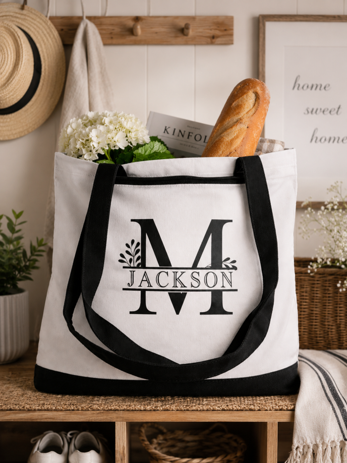 Personalised canvas tote bag with monogram and family name