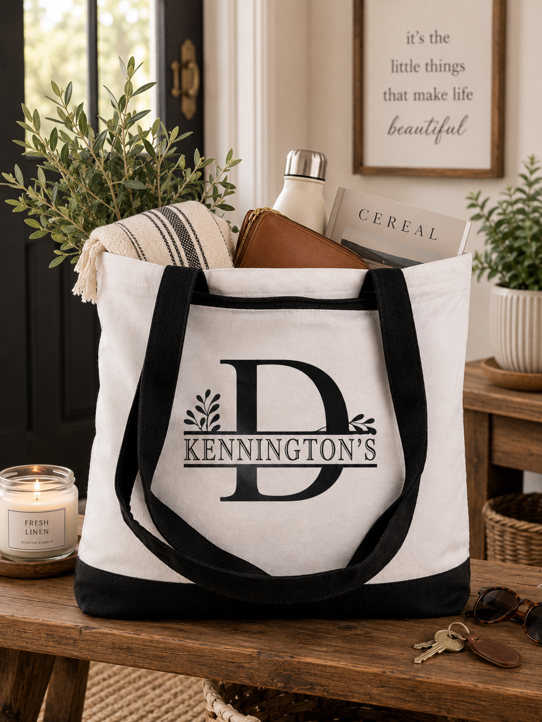 Personalised canvas tote bag with monogram design