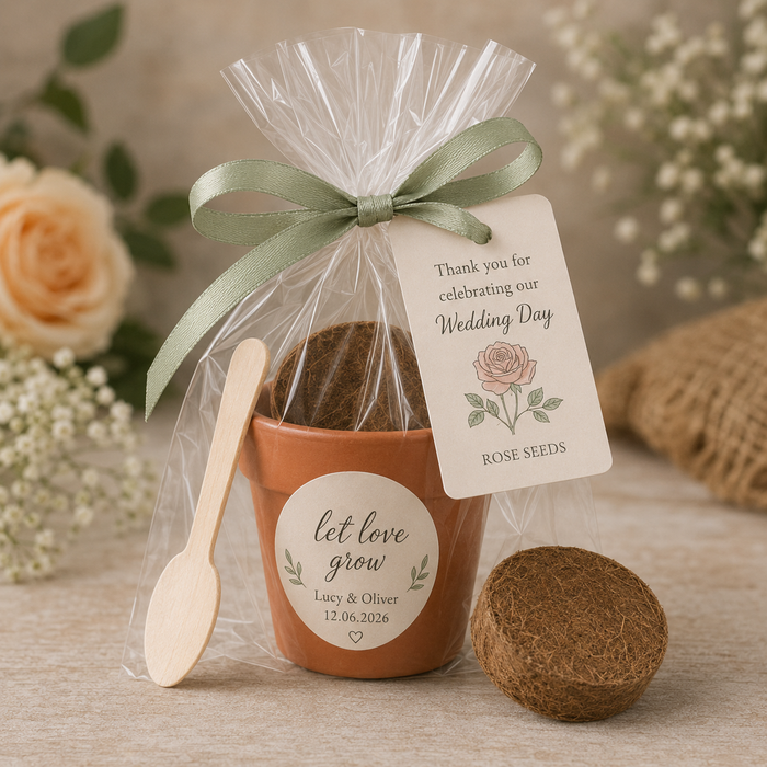 Personalised seed planting kit wedding favour with pot and packaging