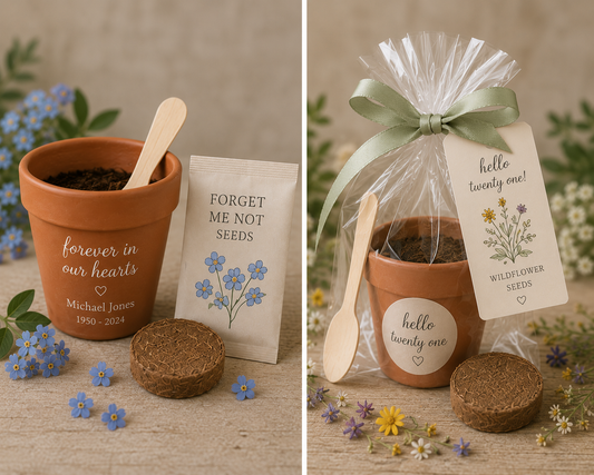 Personalised seed planting kit wedding favours displayed together