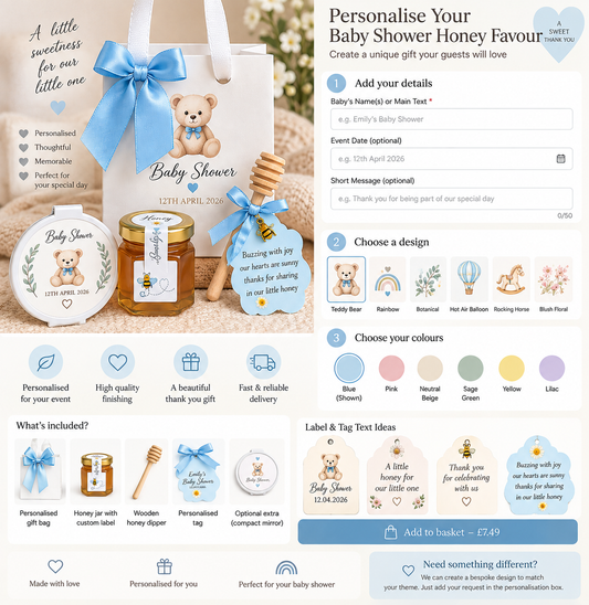 Personalised baby shower honey favour customisation guide showing design, colours and message options