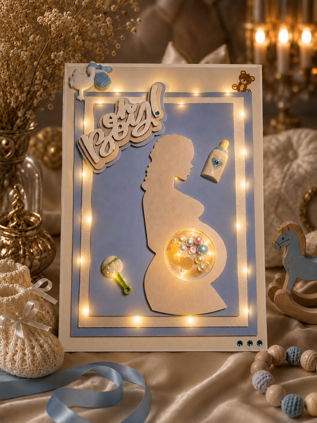 Personalised baby shower keepsake shaker card in pale blue with LED lights