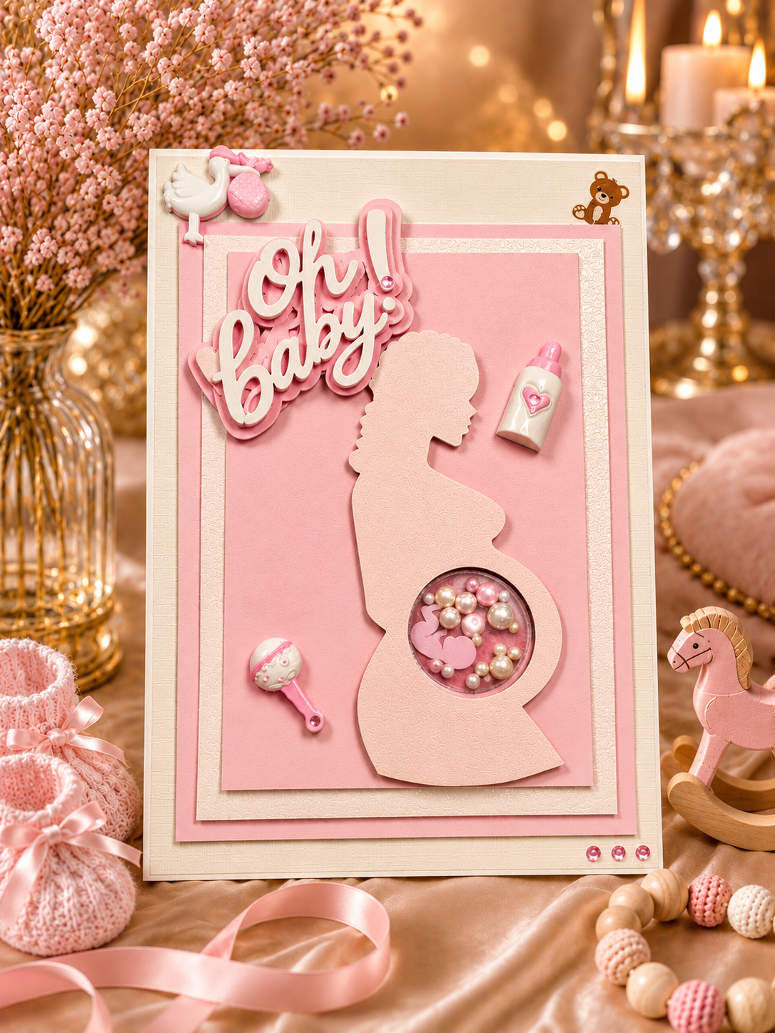 Handmade personalised baby shower card with layered 3D shaker details