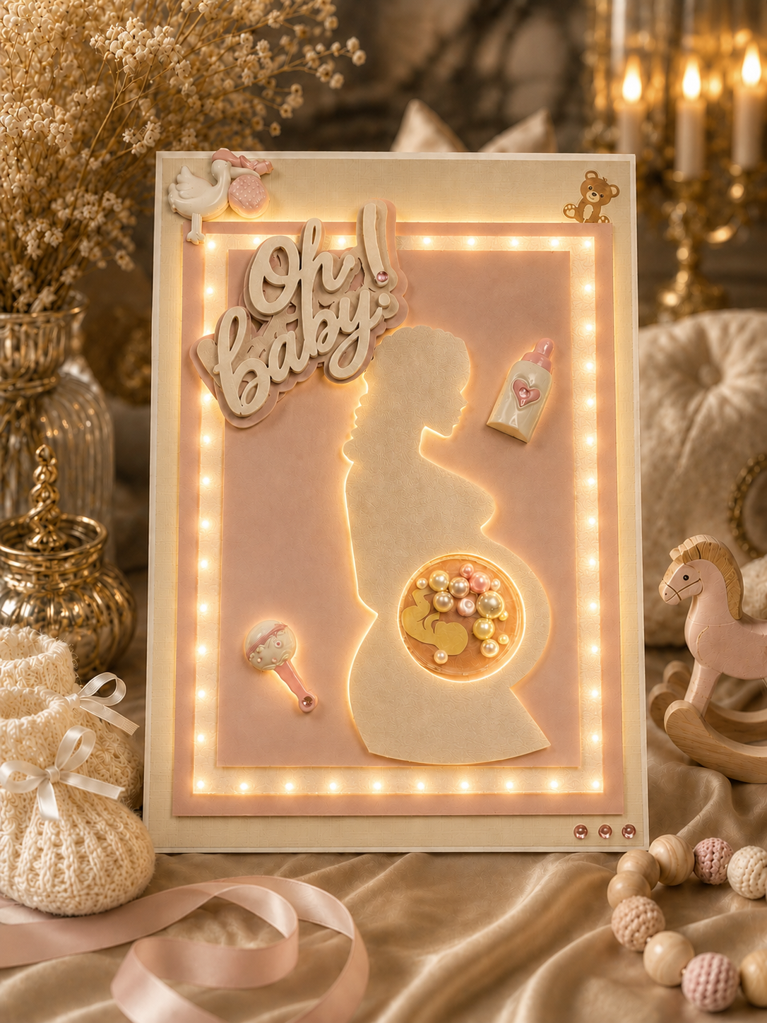 Personalised pink baby shower card with LED light-up detail