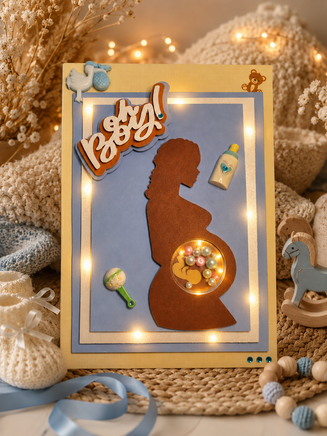 Personalised dark blue baby shower keepsake card with LED lights
