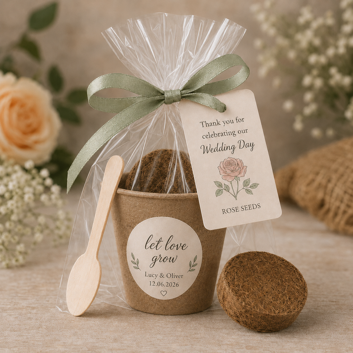 Personalised seed planting kit with biodegradable pot and organza gift bag