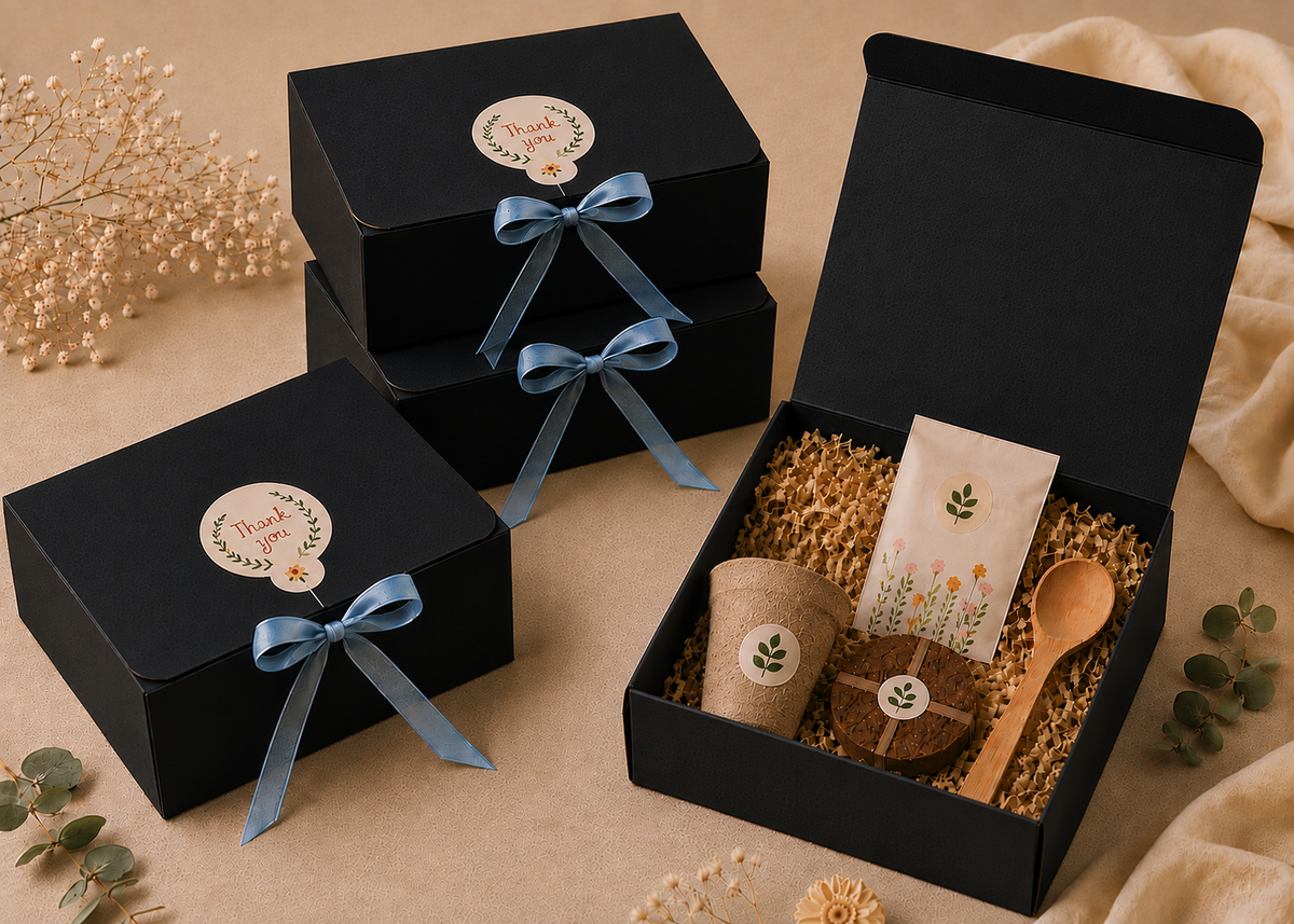 Personalised seed planting kit with biodegradable pot in black gift box