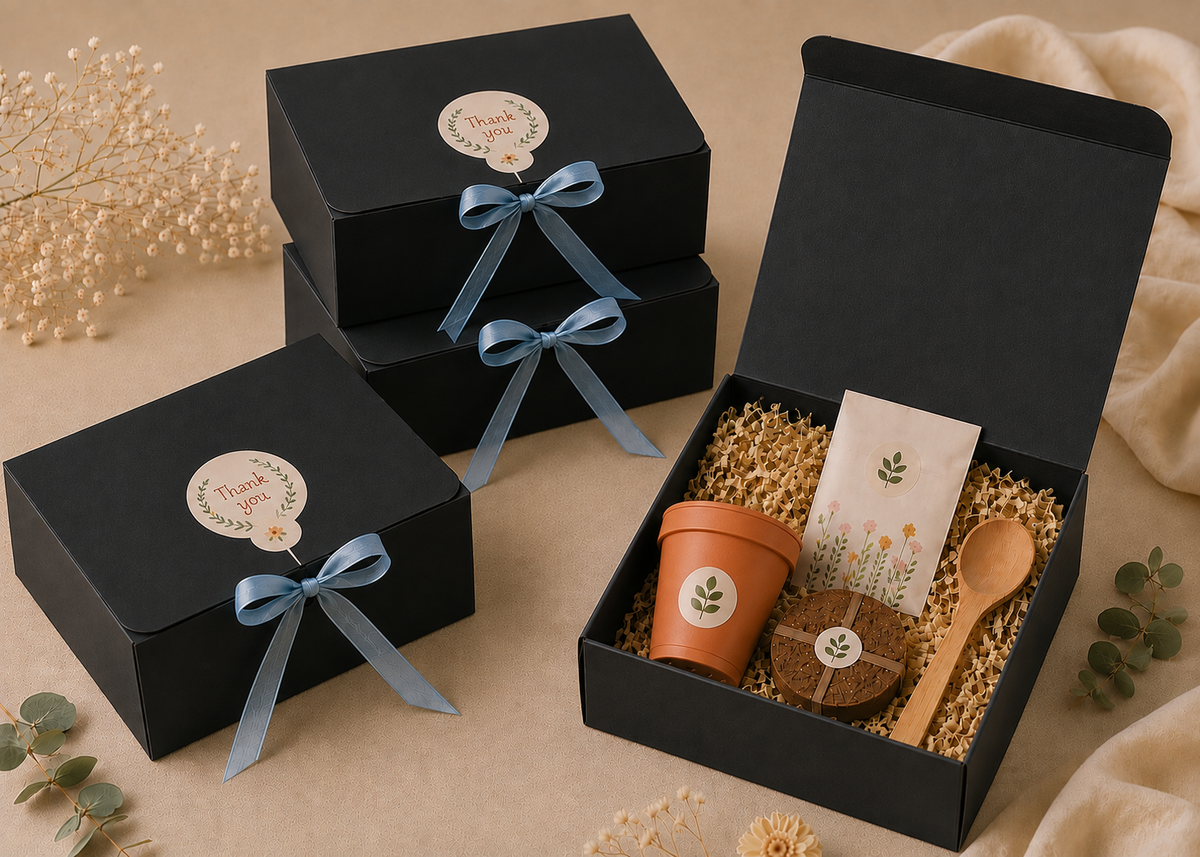 Personalised seed planting kit with plastic pot in black gift box