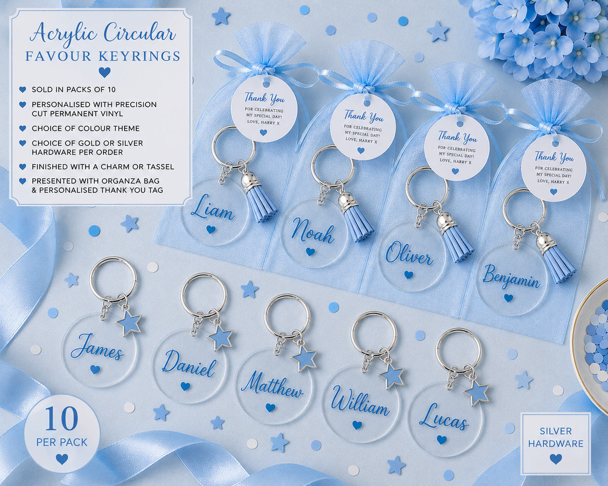 Personalised acrylic name keyring party favours in blue and chrome