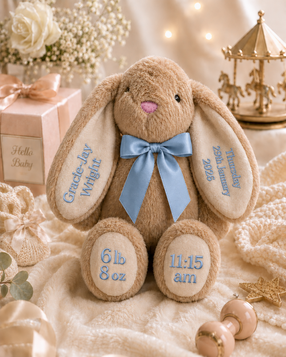 Personalised soft bunny keepsake in blue with custom name, new baby gift
