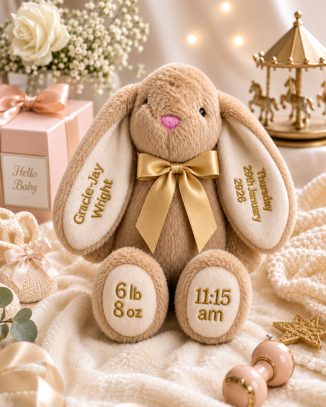 Personalised soft bunny keepsake in gold with custom name, new baby gift