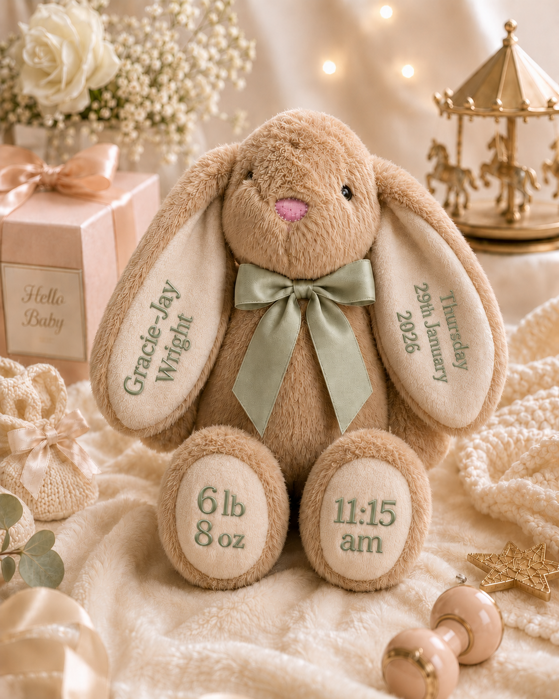 Personalised soft bunny keepsake in green with custom name