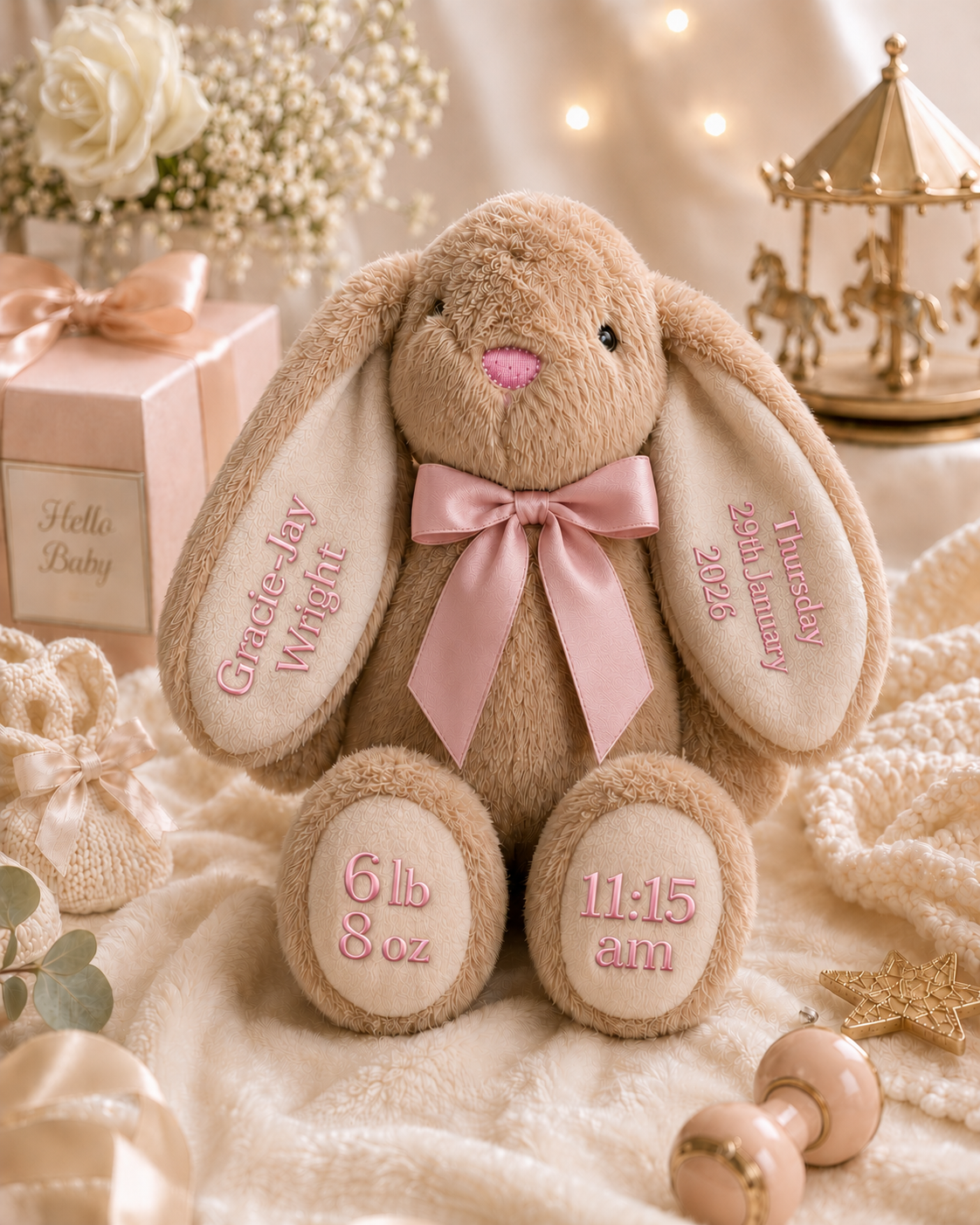 Personalised soft bunny keepsake in pink with custom name